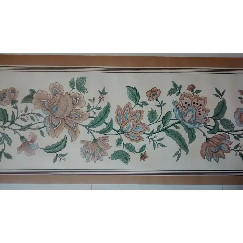 Light Brown Floral Wallpaper Border - Tan / White with Flowers - 5 yds